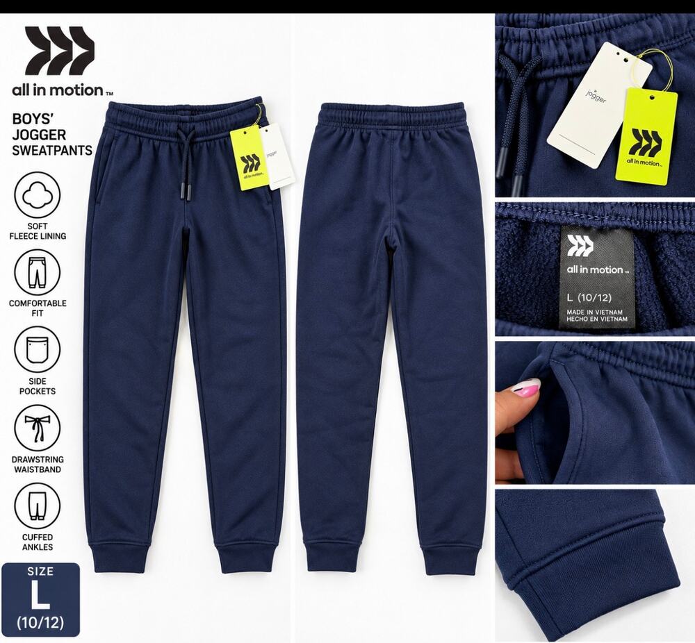 All in Motion Boys Jogger Sweatpants L 10/12 Navy Blue Fleece Athletic NWT